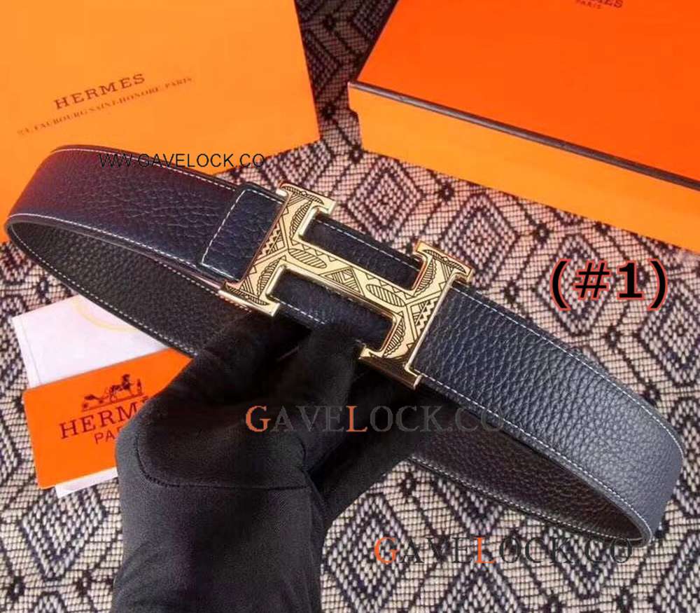 Fake Hermes Double Sided Belts Dark Blue & Gold Hermes Belt Strap